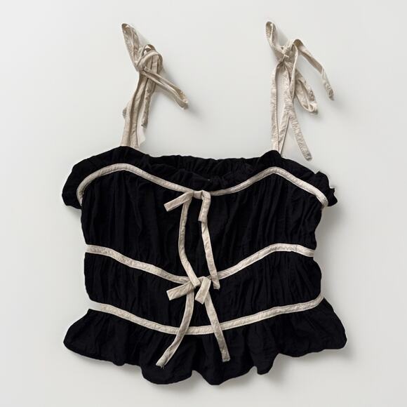 Thirty Thirty LA Tops - Thirty Thirty LA Crop Top Ruffle‎ Bow Ties Black Cream Coquette Y2K Women's M